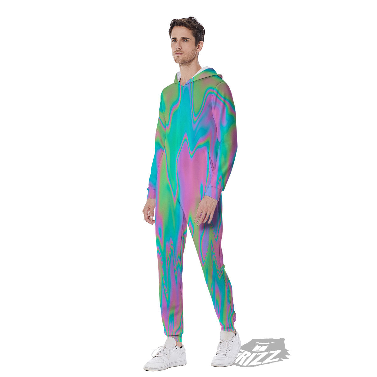 Trippy Abstract Holographic Print Men's Jumpsuit-grizzshop