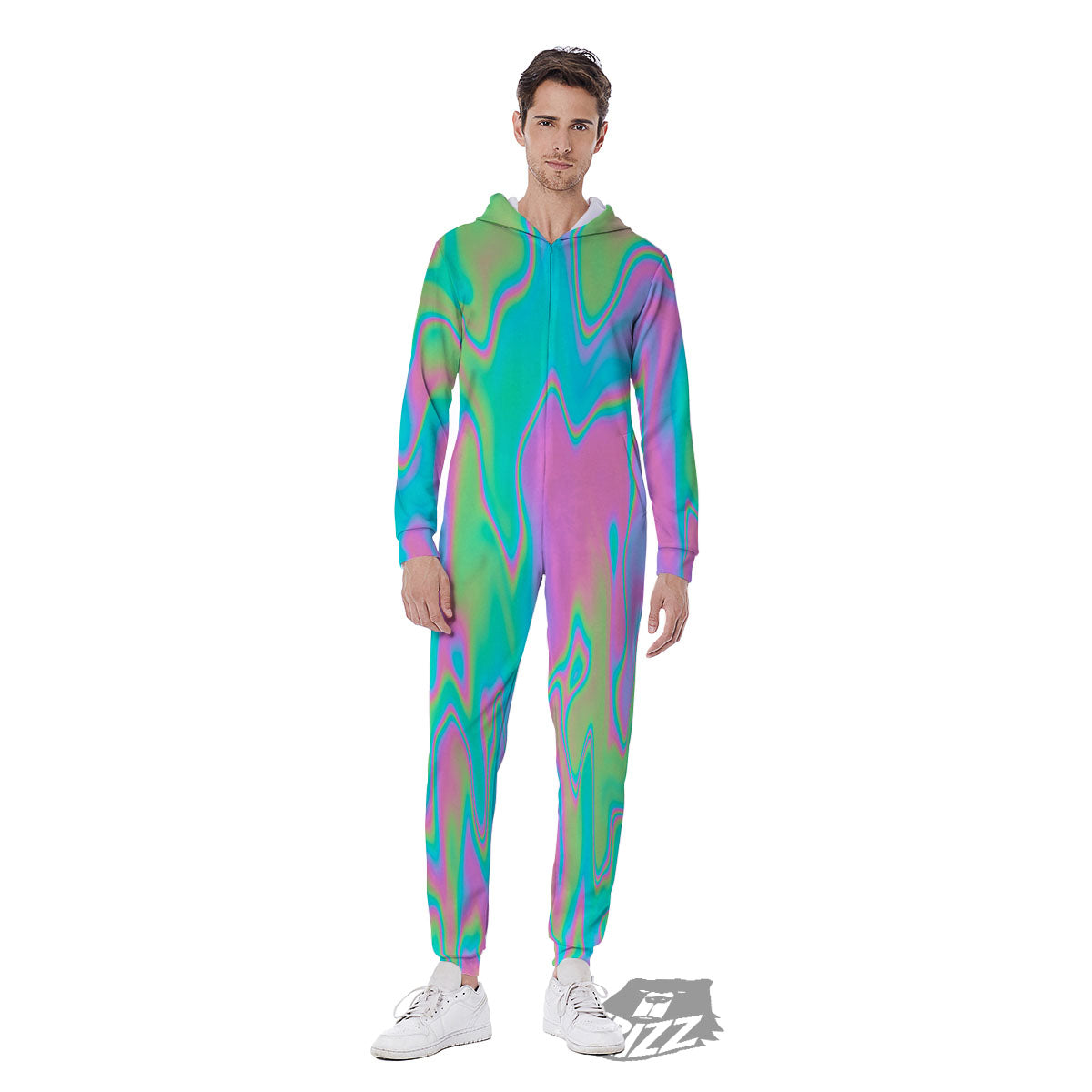 Trippy Abstract Holographic Print Men's Jumpsuit-grizzshop