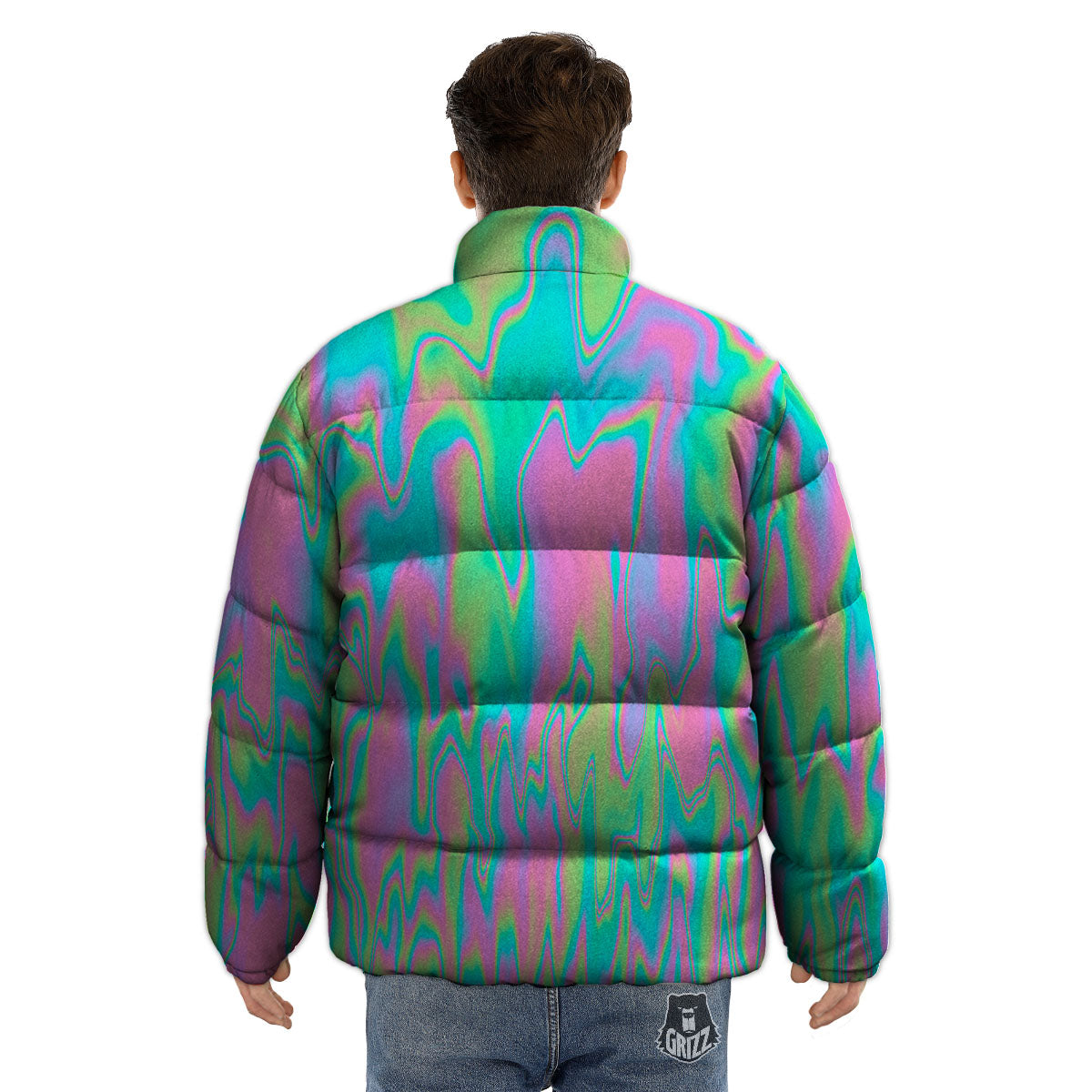 Trippy Abstract Holographic Print Puffer Jacket-grizzshop