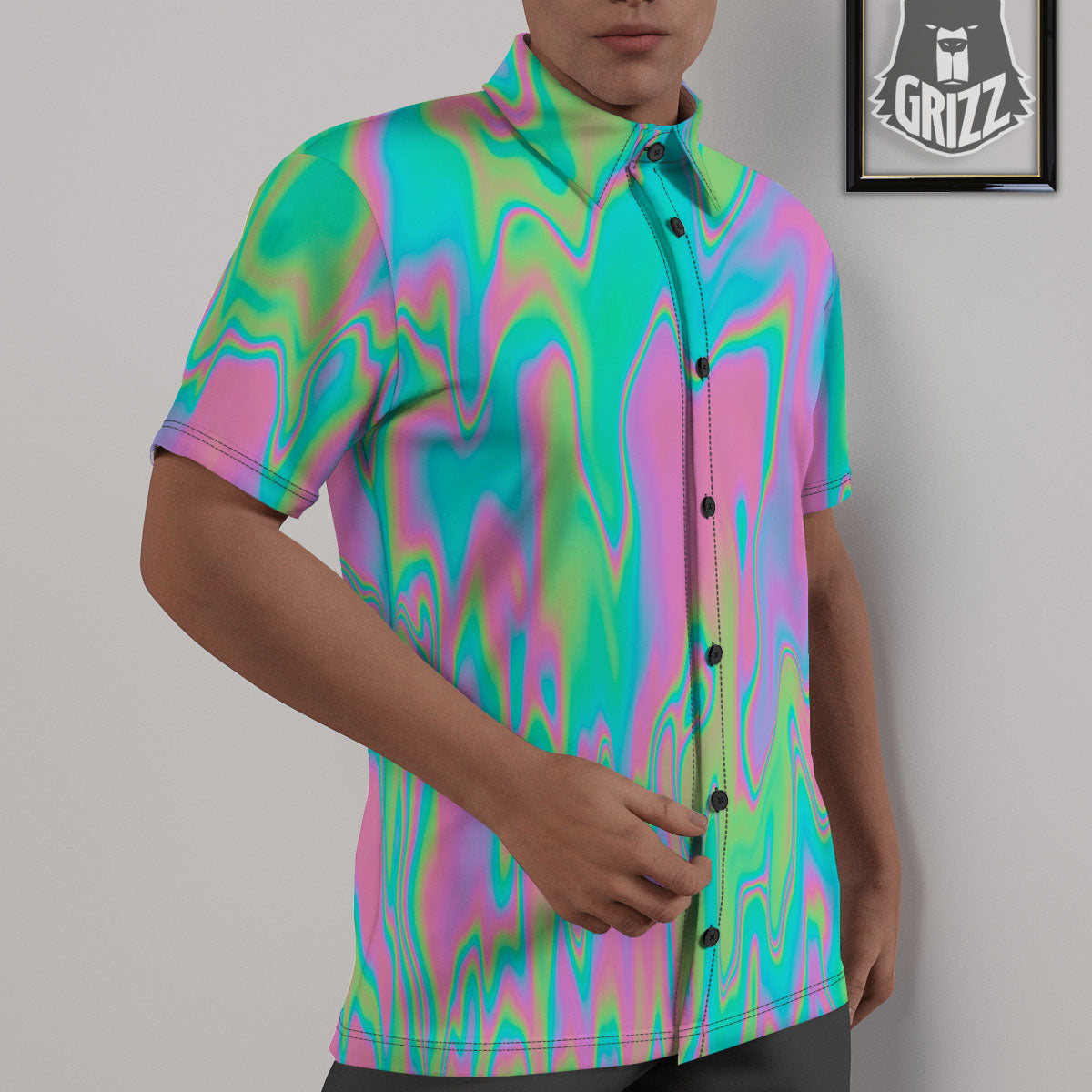 Trippy Abstract Holographic Print Untucked Shirts-grizzshop