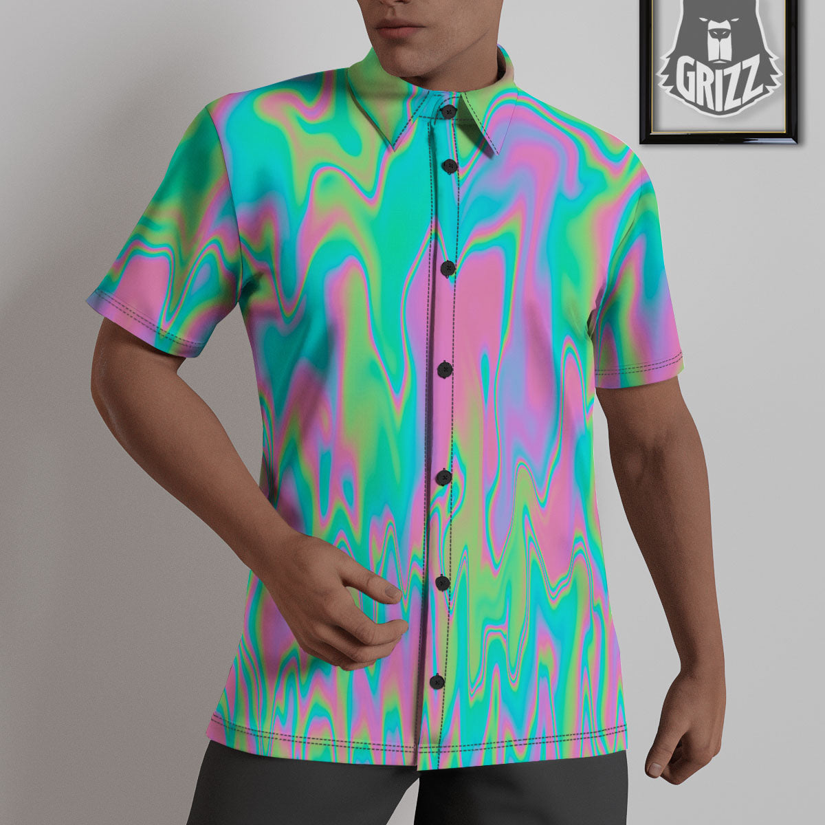 Trippy Abstract Holographic Print Untucked Shirts-grizzshop