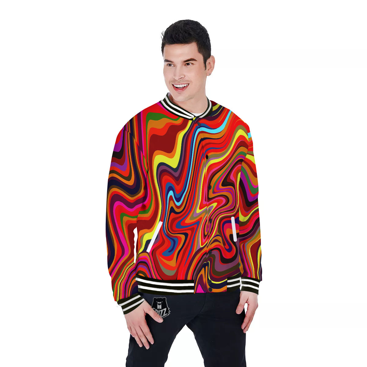 Trippy Abstract Liquid Print Baseball Jacket-grizzshop