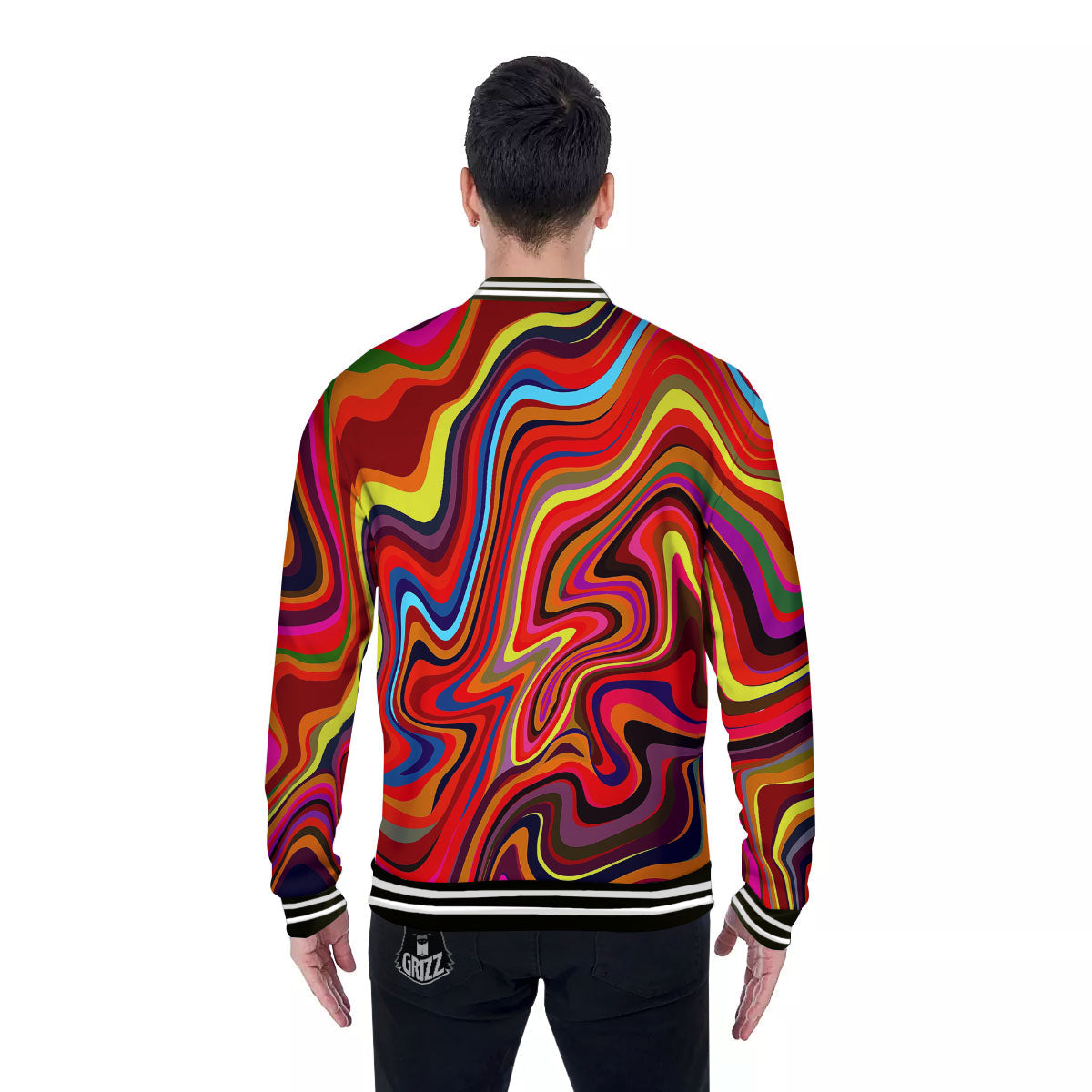 Trippy Abstract Liquid Print Baseball Jacket-grizzshop