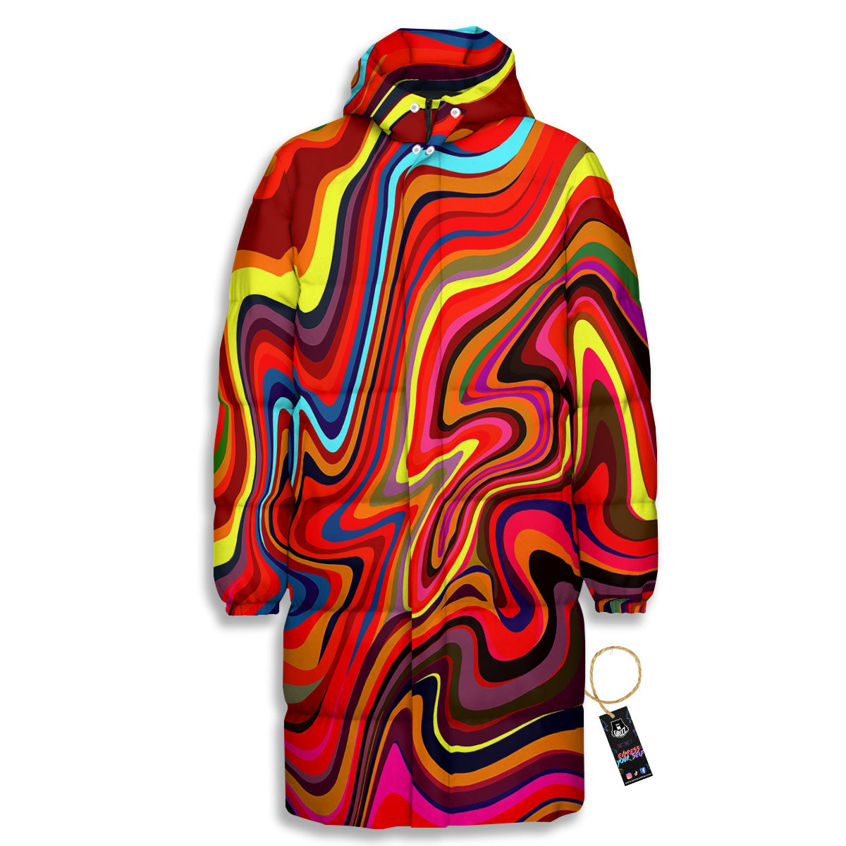 Trippy Abstract Liquid Print Long Down Jacket-grizzshop