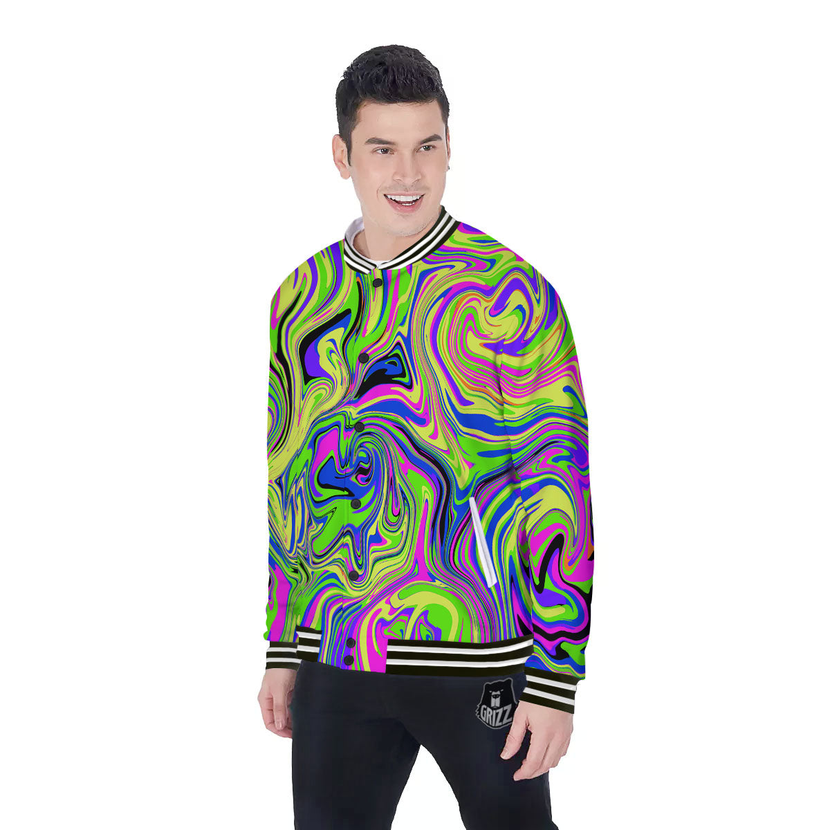 Trippy Abstract Neon Print Baseball Jacket-grizzshop