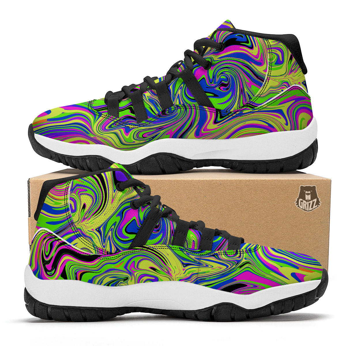 Trippy Abstract Neon Print Black Bball Shoes-grizzshop