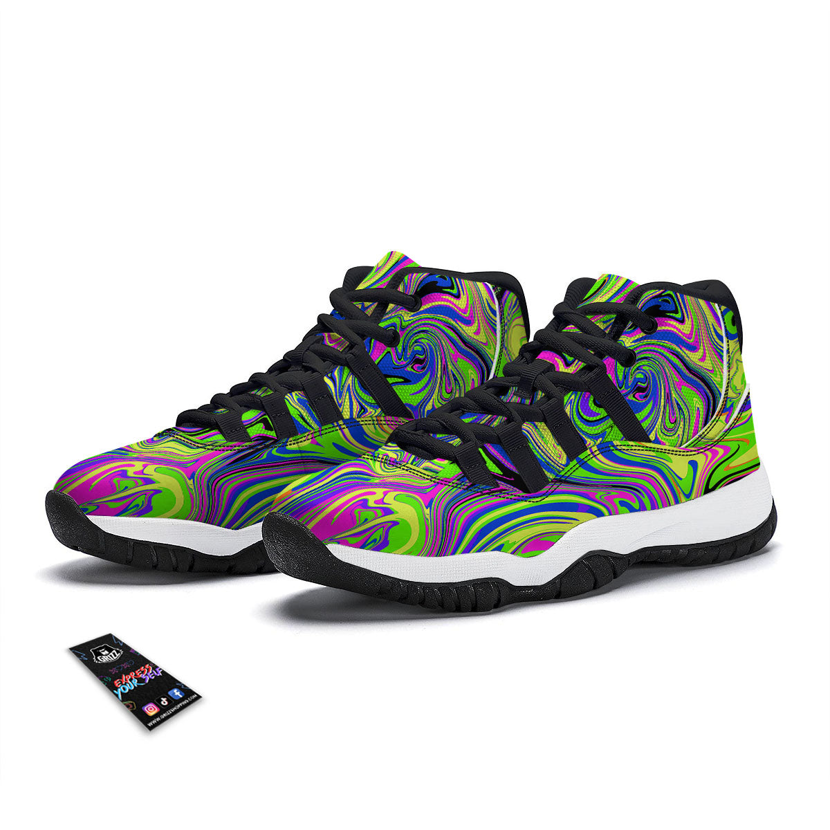 Trippy Abstract Neon Print Black Bball Shoes-grizzshop