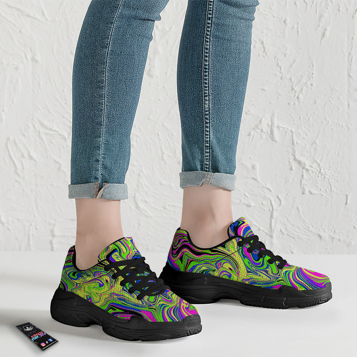 Trippy Abstract Neon Print Black Chunky Shoes-grizzshop