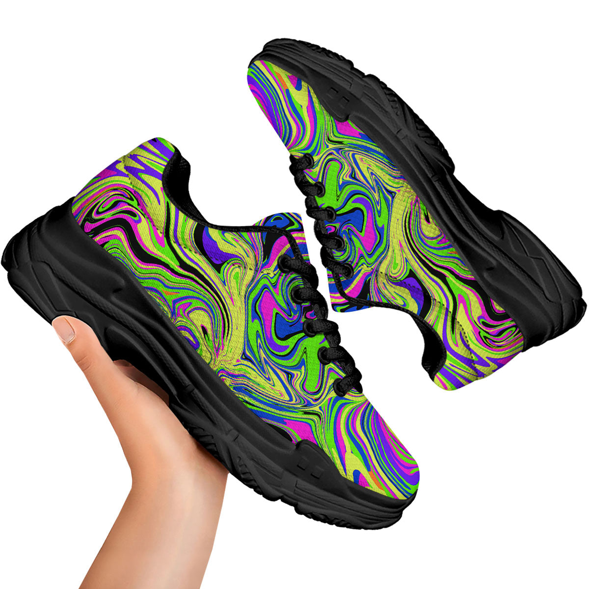 Trippy Abstract Neon Print Black Chunky Shoes-grizzshop