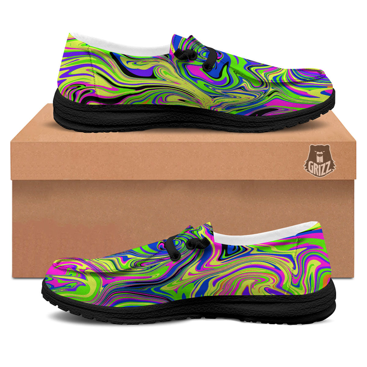 Trippy Abstract Neon Print Black Loafers-grizzshop