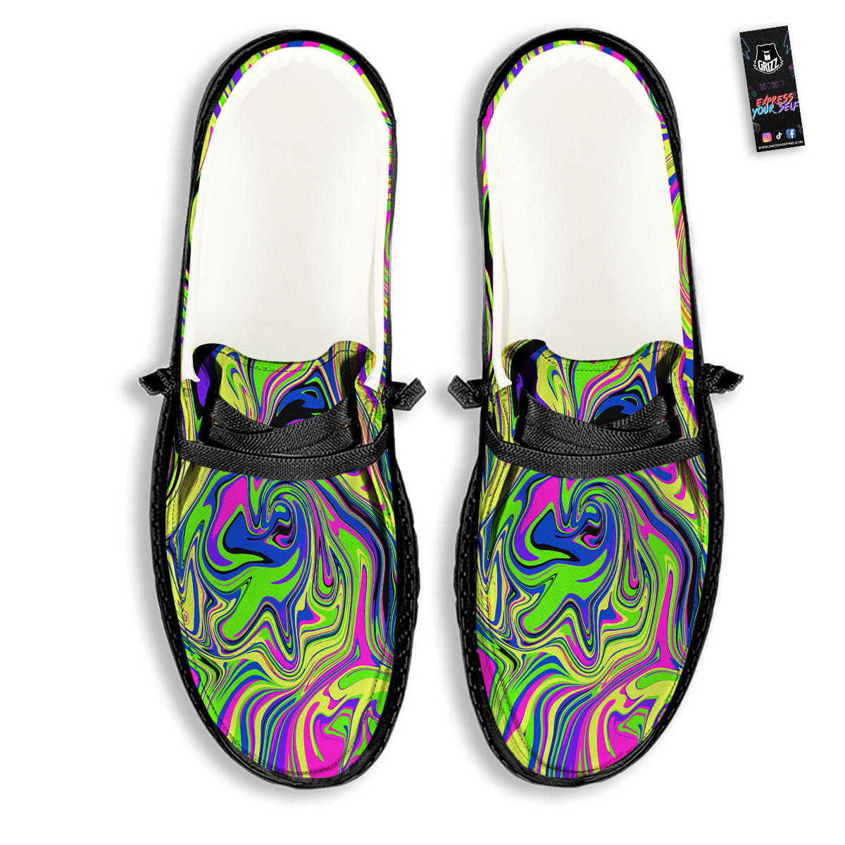 Trippy Abstract Neon Print Black Loafers-grizzshop