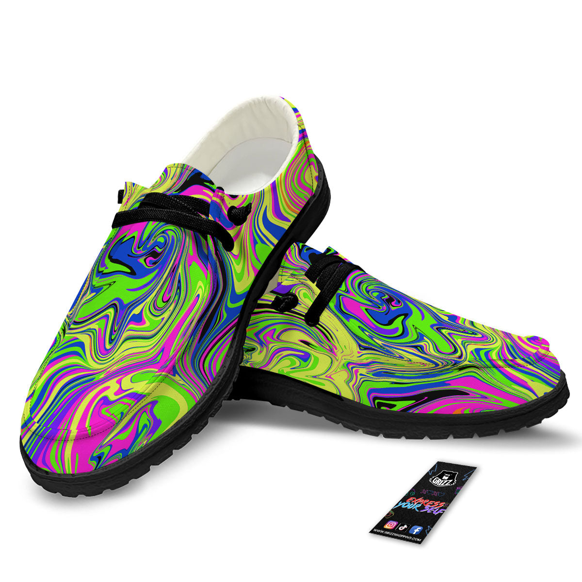 Trippy Abstract Neon Print Black Loafers-grizzshop
