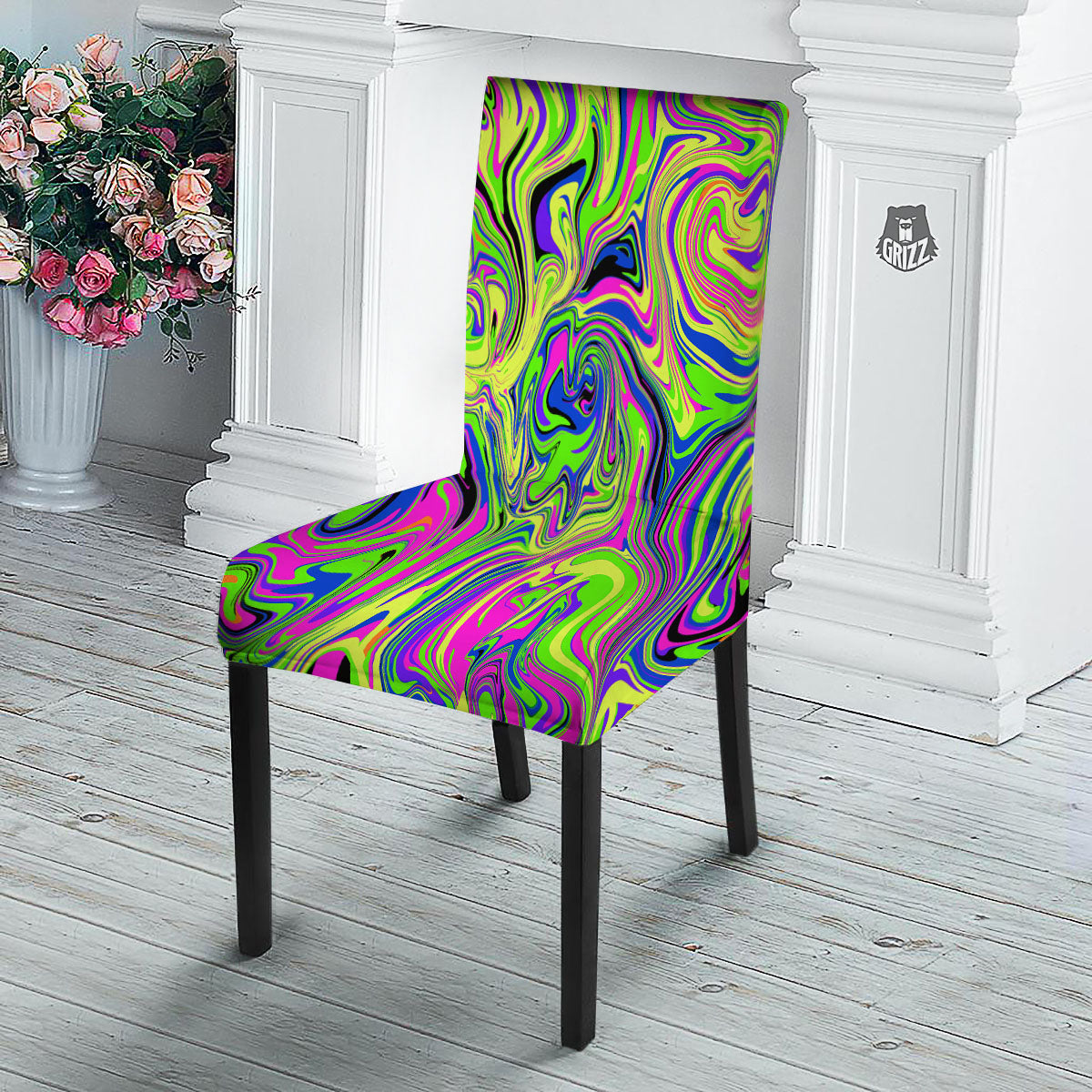 Trippy Abstract Neon Print Dining Chair Slipcover-grizzshop