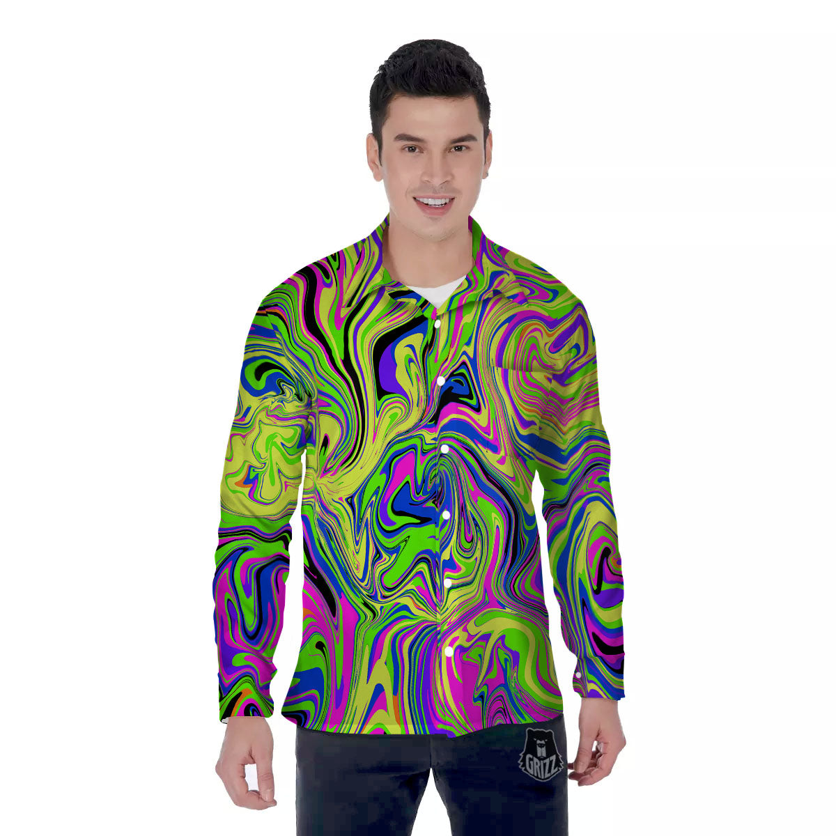Trippy Abstract Neon Print Men's Long Sleeve Shirts-grizzshop