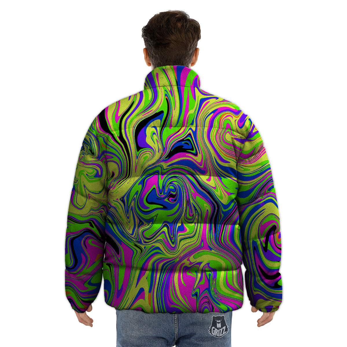 Trippy Abstract Neon Print Puffer Jacket-grizzshop