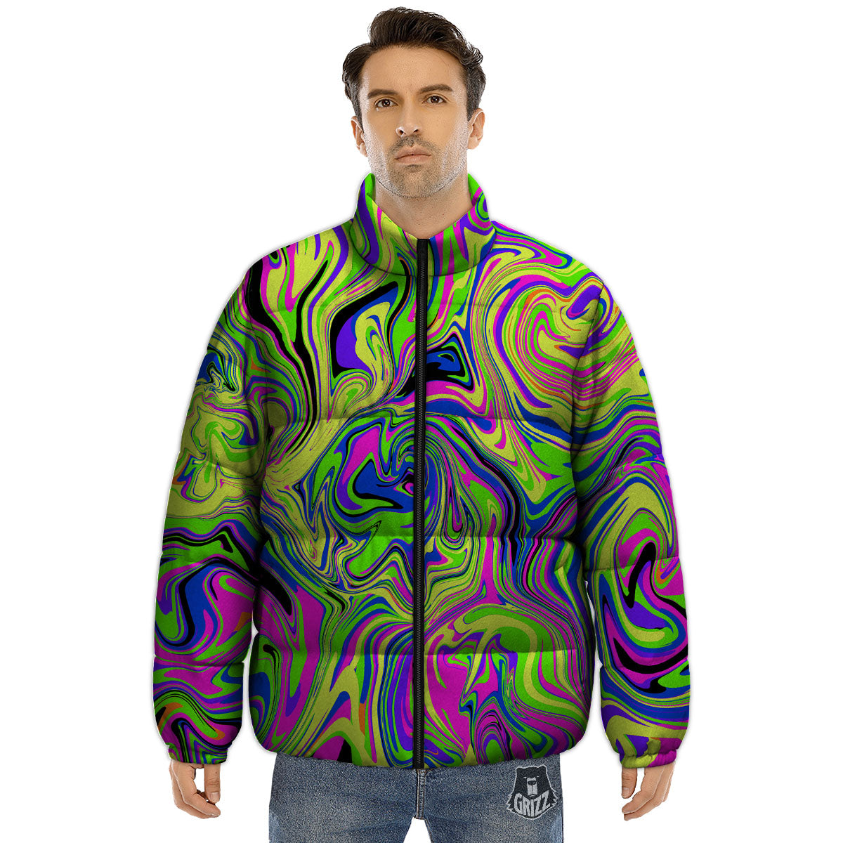 Trippy Abstract Neon Print Puffer Jacket-grizzshop