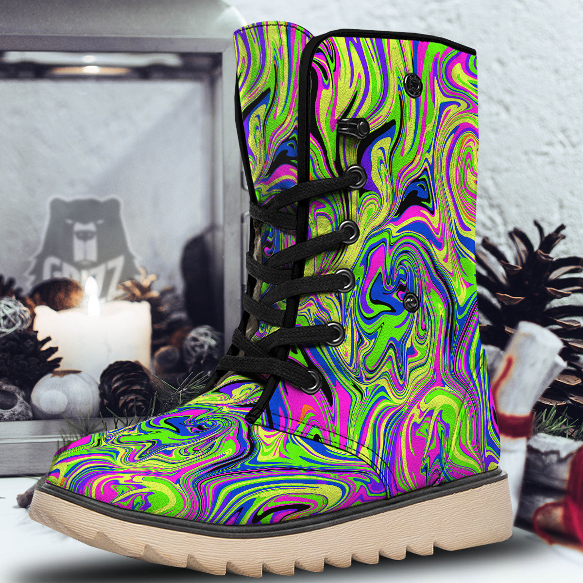 Trippy Abstract Neon Print Snow Boots-grizzshop