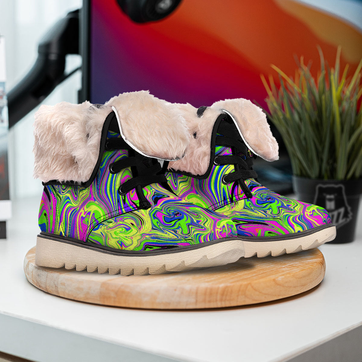 Trippy Abstract Neon Print Snow Boots-grizzshop