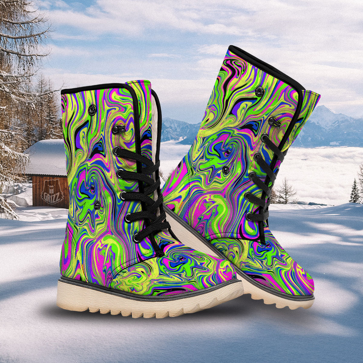 Trippy Abstract Neon Print Snow Boots-grizzshop