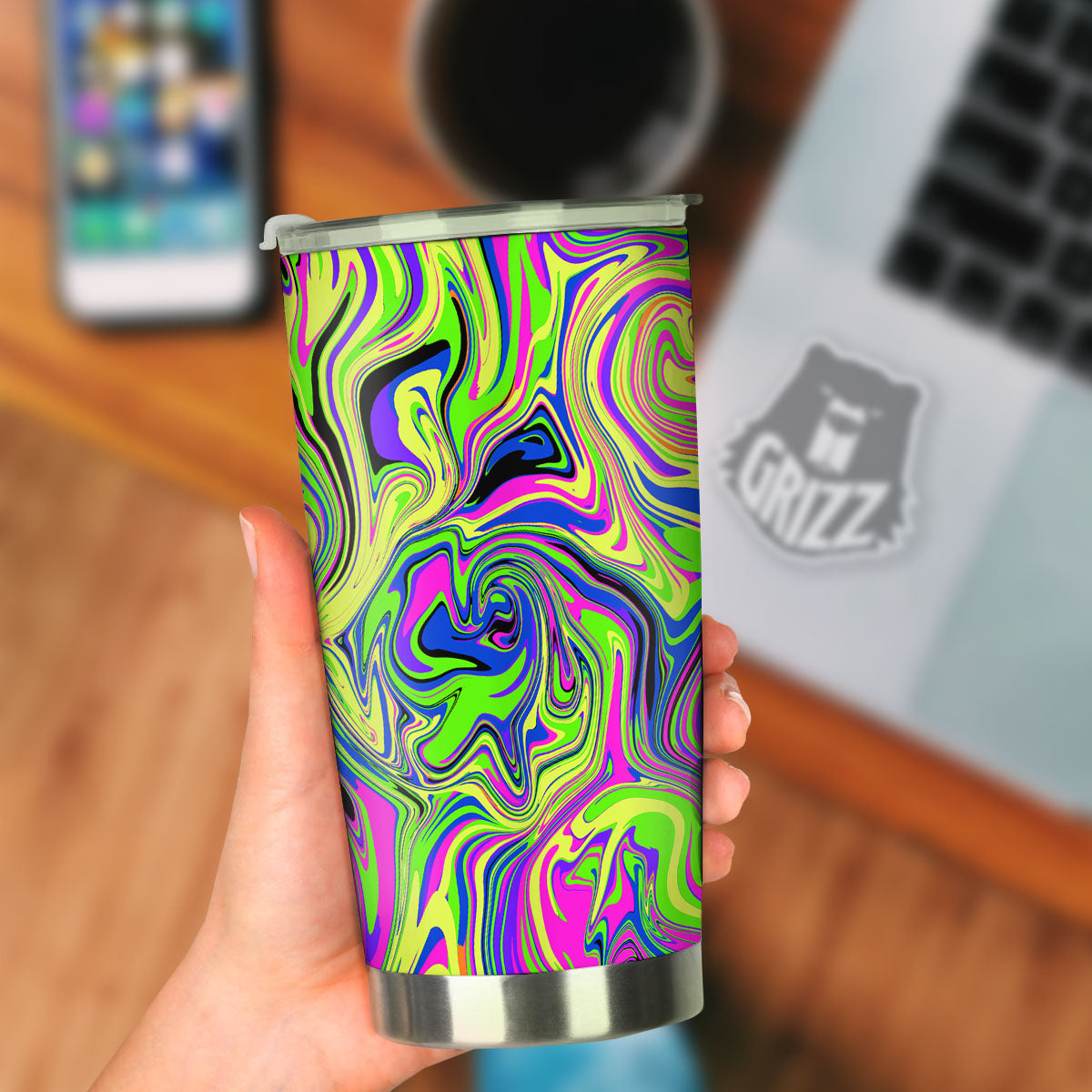 Trippy Abstract Neon Print Tumbler-grizzshop