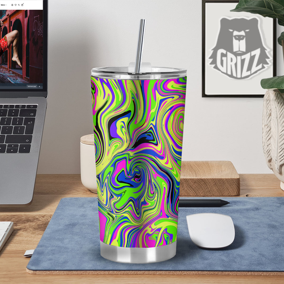 Trippy Abstract Neon Print Tumbler-grizzshop