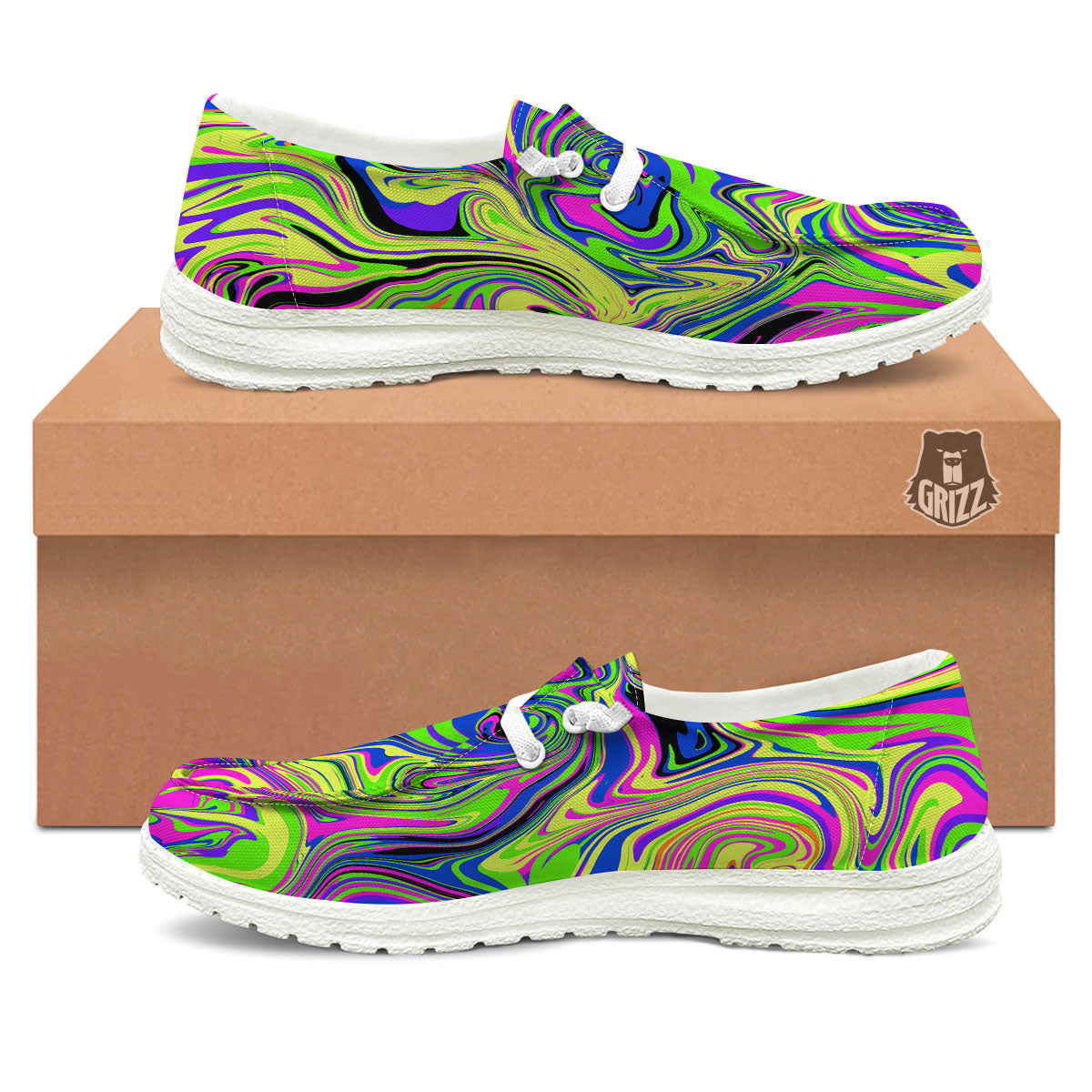 Trippy Abstract Neon Print White Loafers-grizzshop