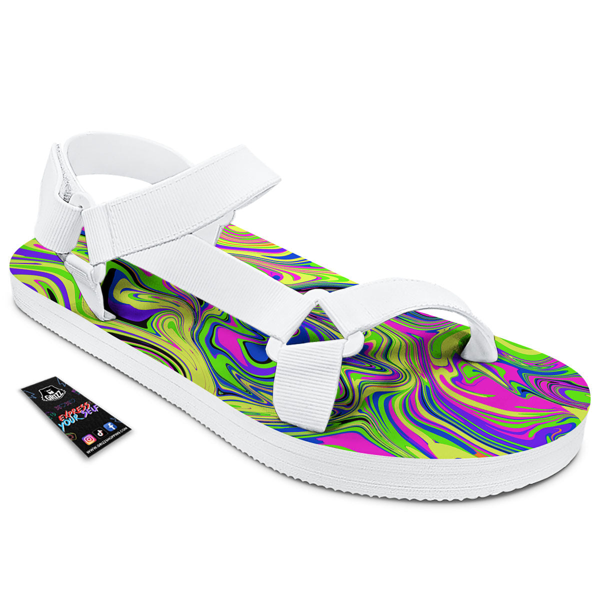 Trippy Abstract Neon Print White Open Toe Sandals-grizzshop