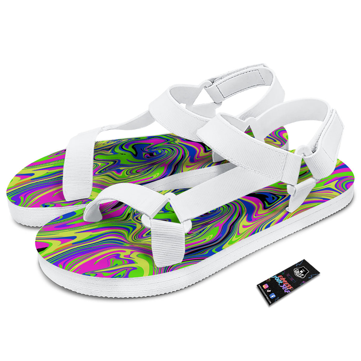 Trippy Abstract Neon Print White Open Toe Sandals-grizzshop