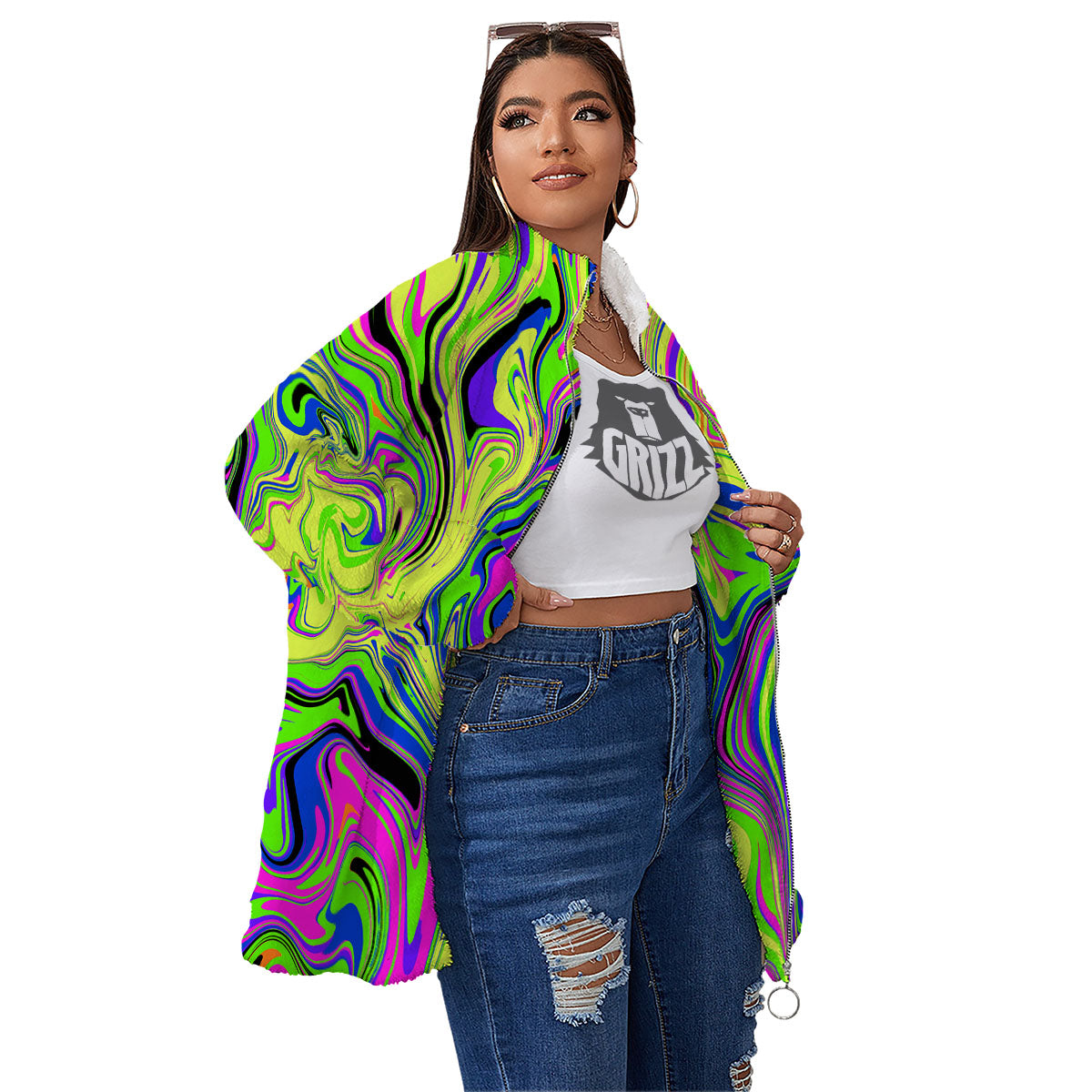 Trippy Abstract Neon Print Women's Sherpa Jacket-grizzshop