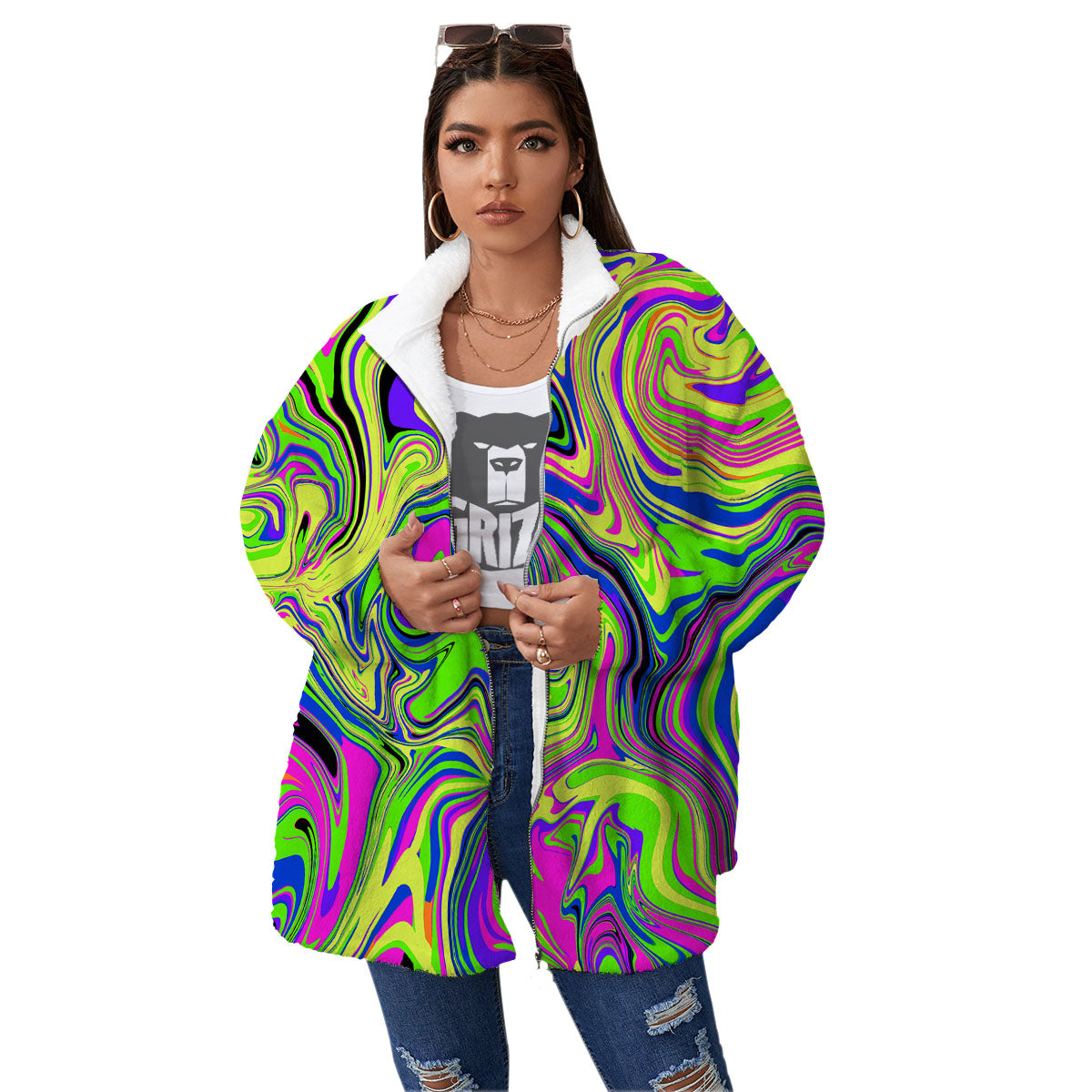 Trippy Abstract Neon Print Women's Sherpa Jacket-grizzshop