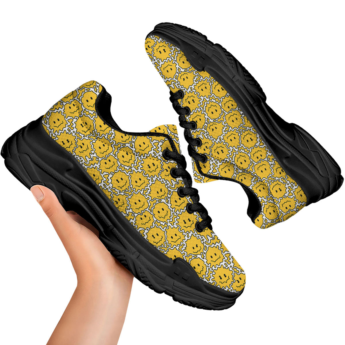 Trippy Abstract Psychedelic Emoji Print Black Chunky Shoes-grizzshop