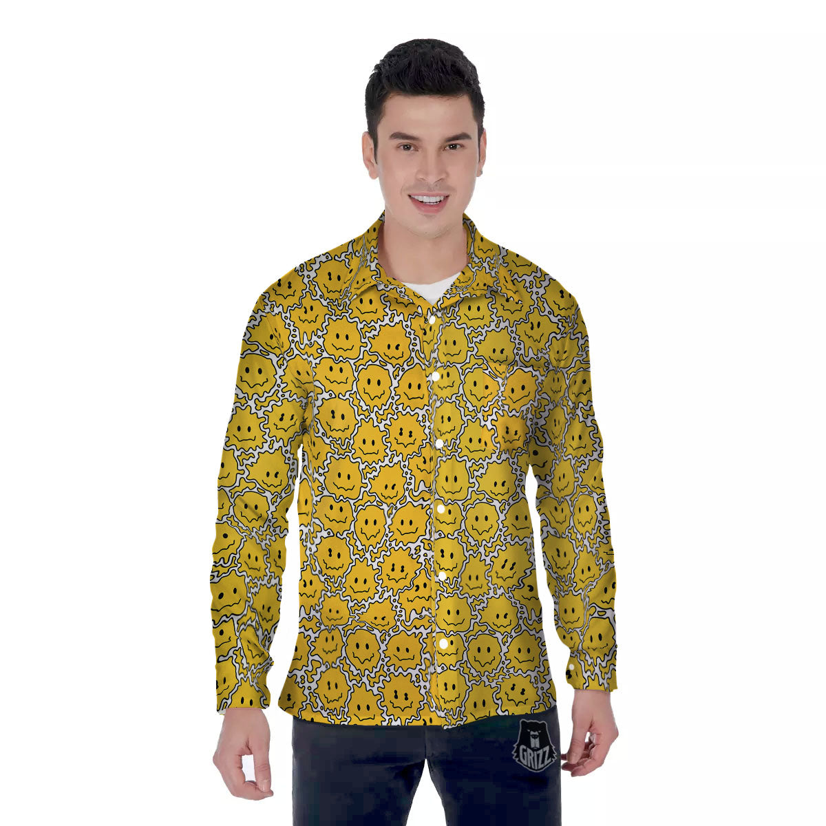 Trippy Abstract Psychedelic Emoji Print Men's Long Sleeve Shirts-grizzshop