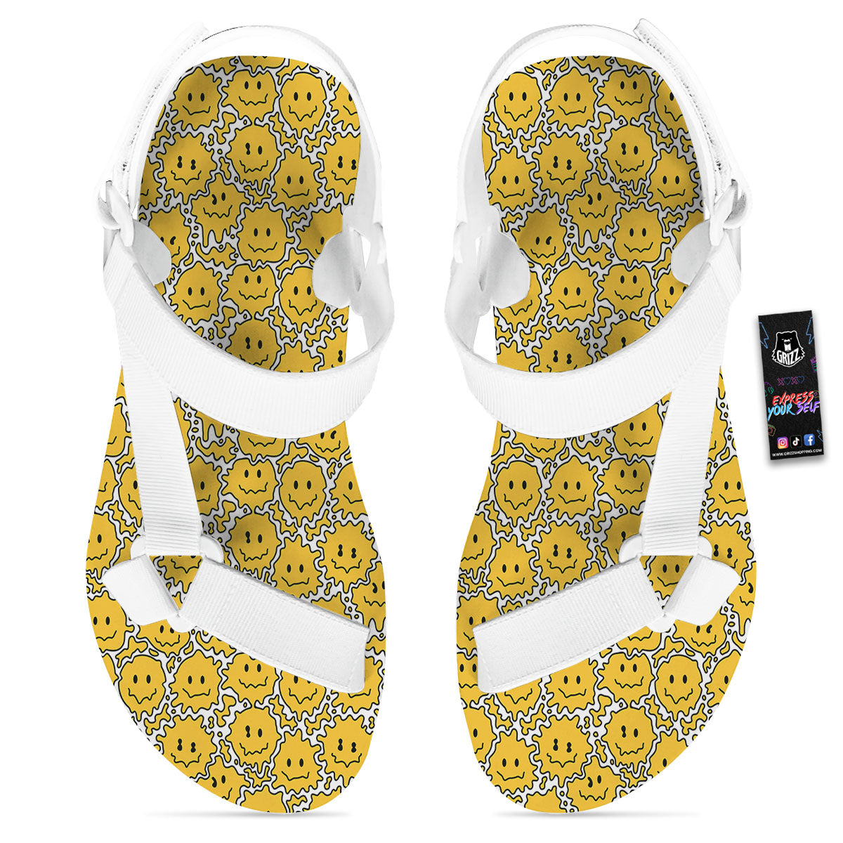 Trippy Abstract Psychedelic Emoji Print White Open Toe Sandals-grizzshop