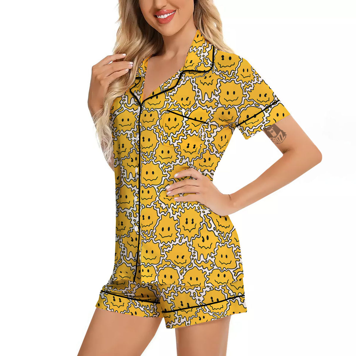 Trippy Abstract Psychedelic Emoji Print Women Silk Pajamas-grizzshop