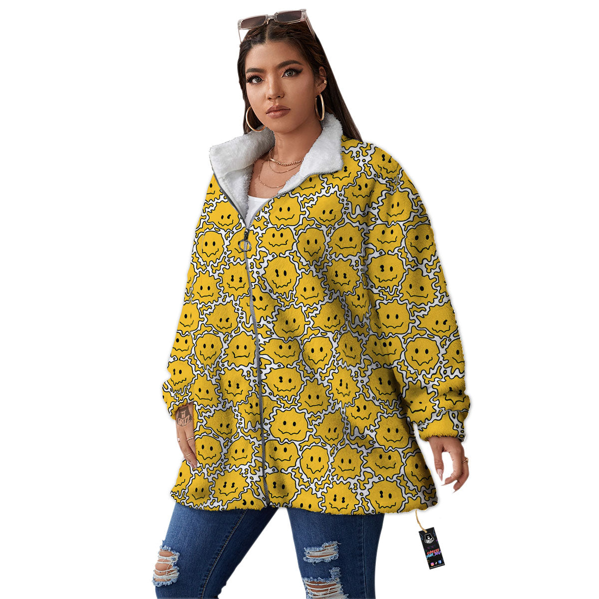 Trippy Abstract Psychedelic Emoji Print Women's Sherpa Jacket-grizzshop