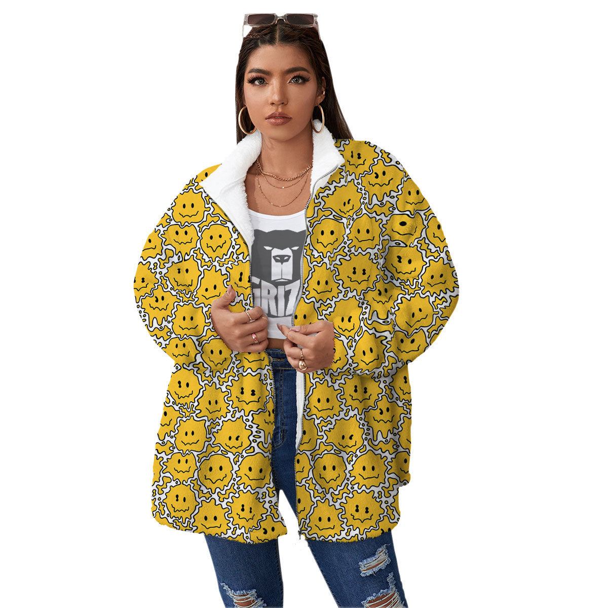 Trippy Abstract Psychedelic Emoji Print Women's Sherpa Jacket-grizzshop