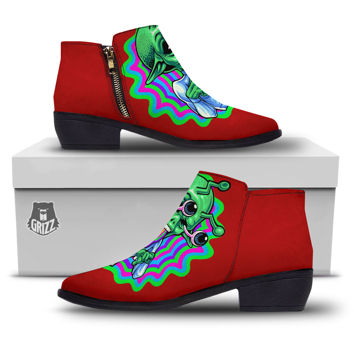 Trippy Alien Crazy Print Ankle Boots-grizzshop