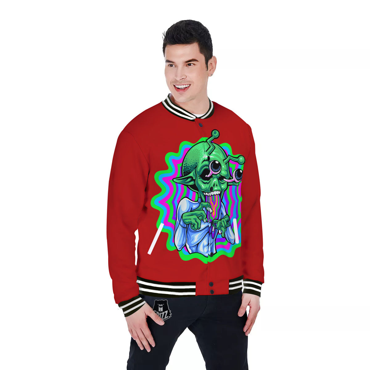 Trippy Alien Crazy Print Baseball Jacket-grizzshop