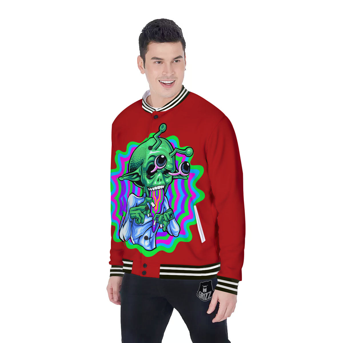 Trippy Alien Crazy Print Baseball Jacket-grizzshop