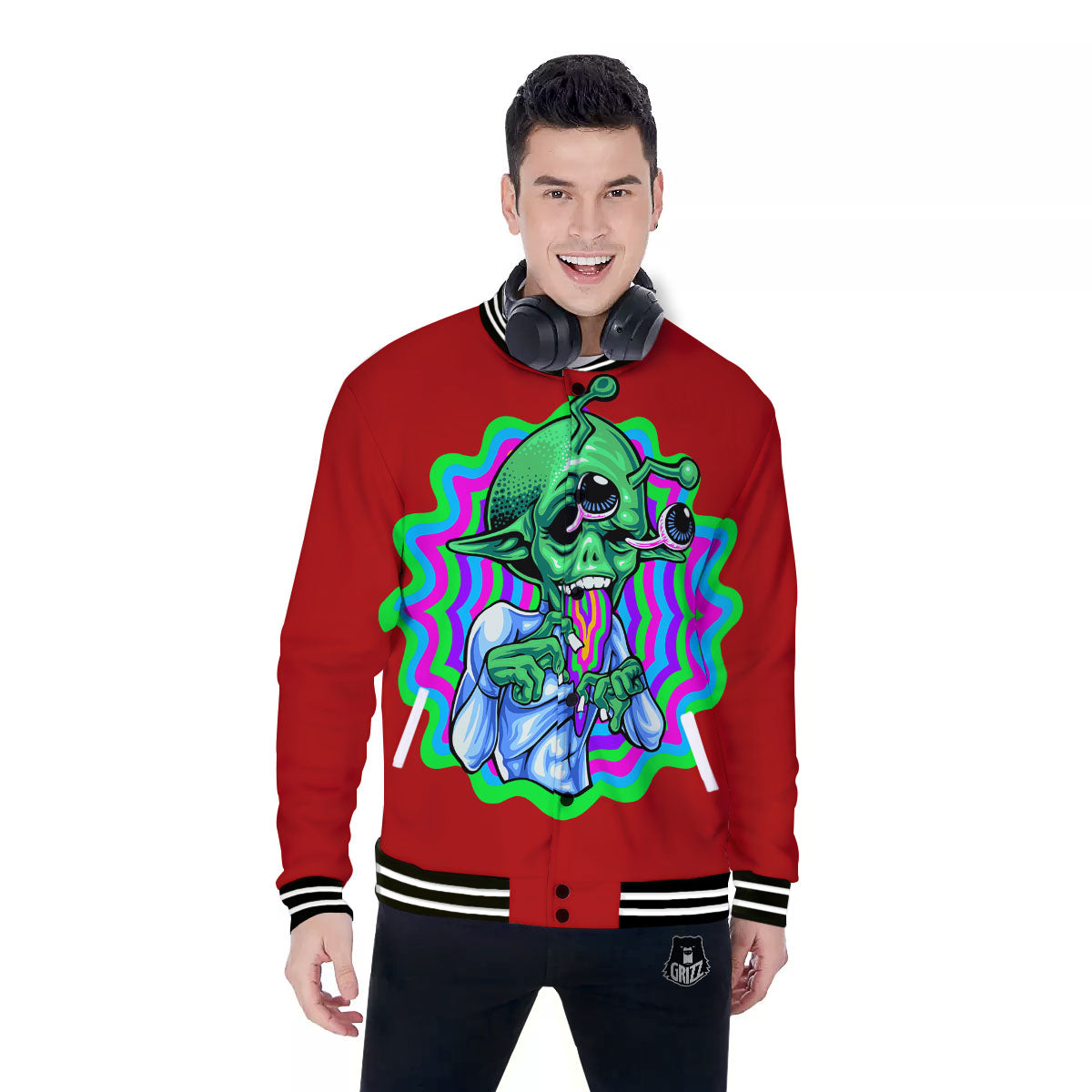 Trippy Alien Crazy Print Baseball Jacket-grizzshop