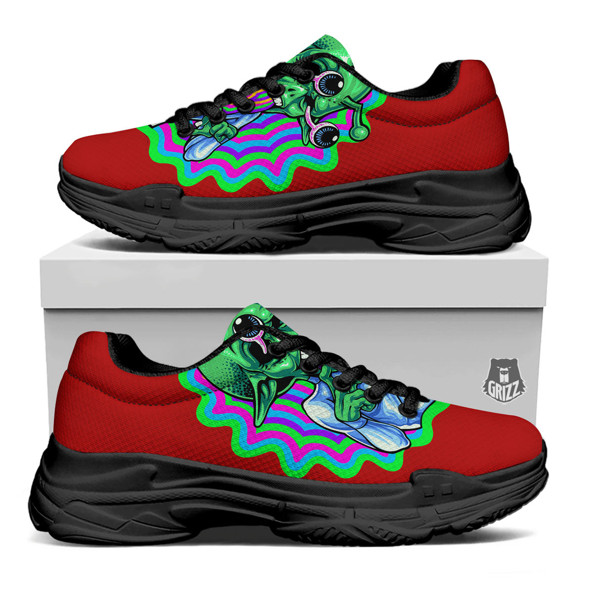 Trippy Alien Crazy Print Black Chunky Shoes-grizzshop