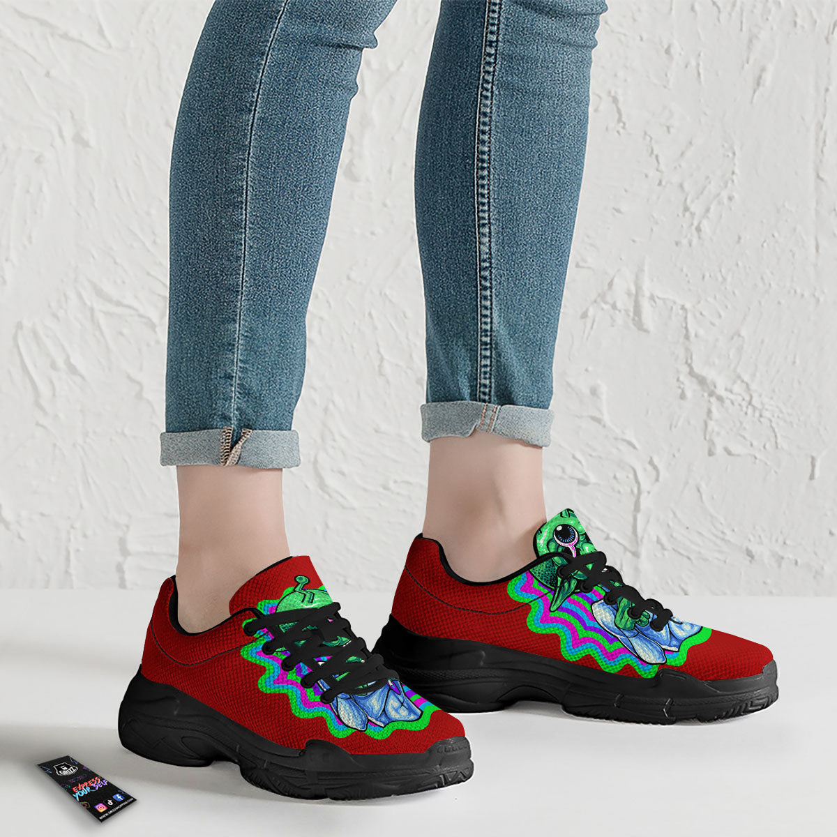 Trippy Alien Crazy Print Black Chunky Shoes-grizzshop