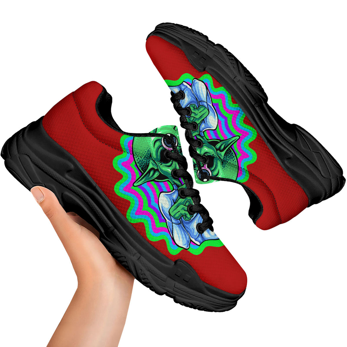 Trippy Alien Crazy Print Black Chunky Shoes-grizzshop