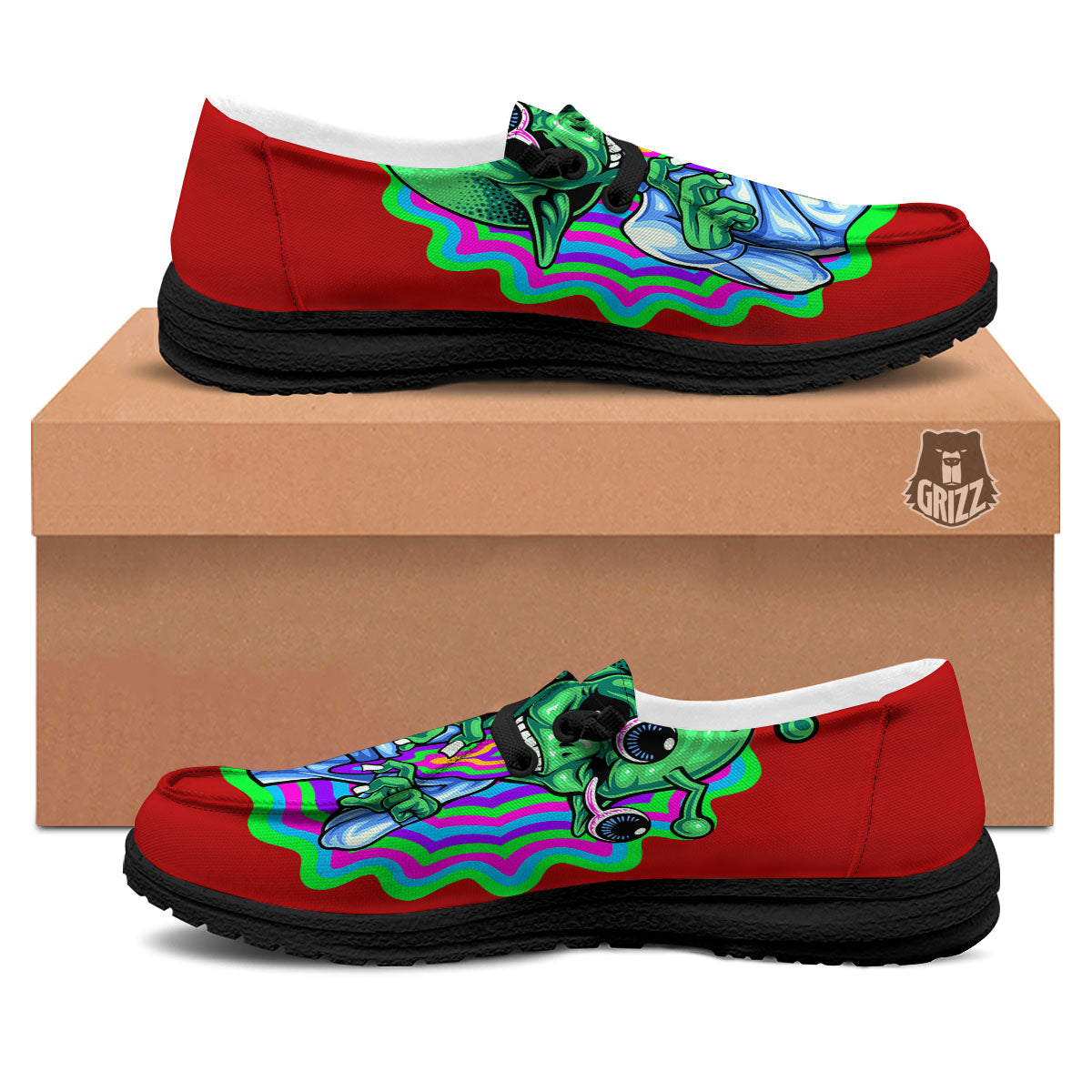 Trippy Alien Crazy Print Black Loafers-grizzshop