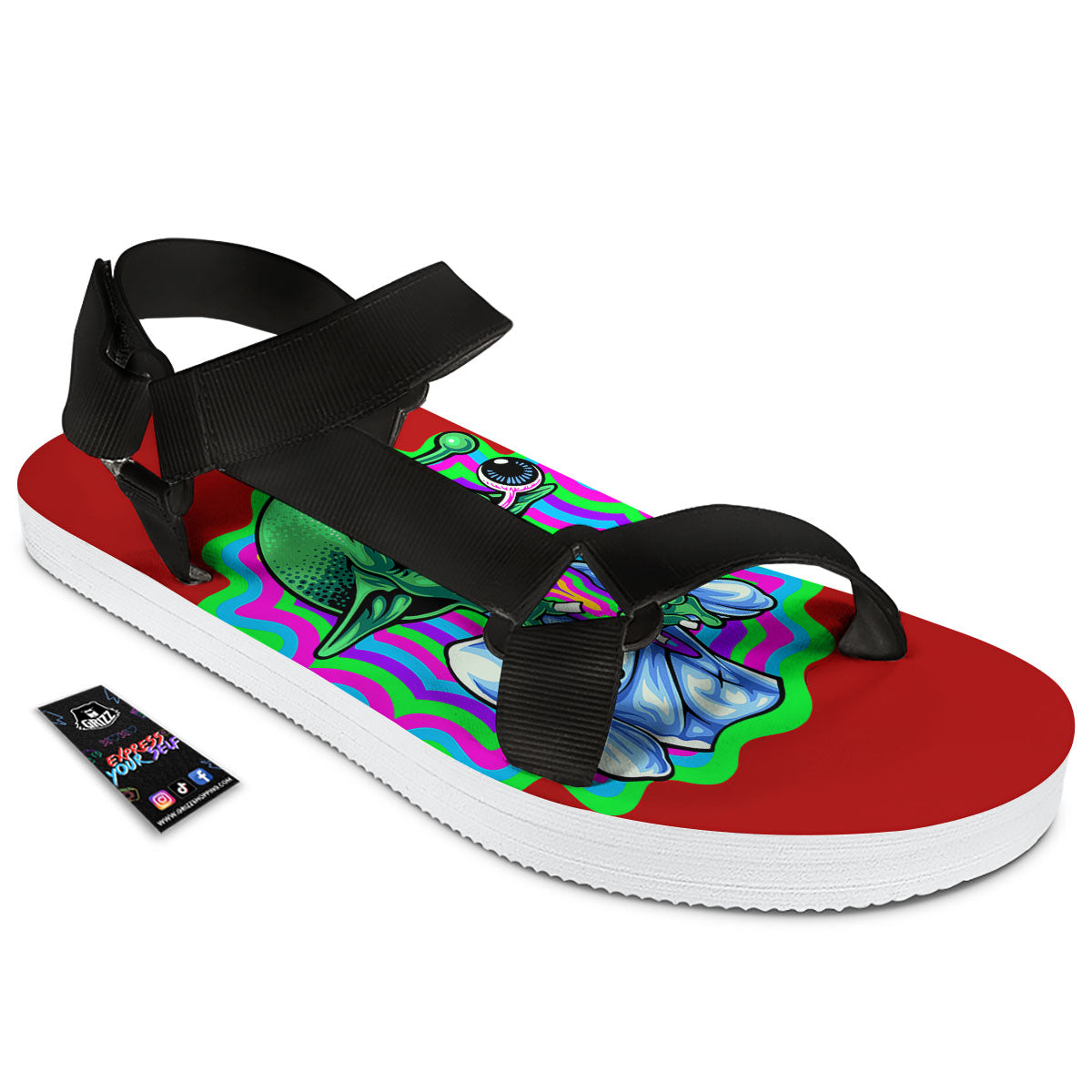 Trippy Alien Crazy Print Black Open Toe Sandals-grizzshop