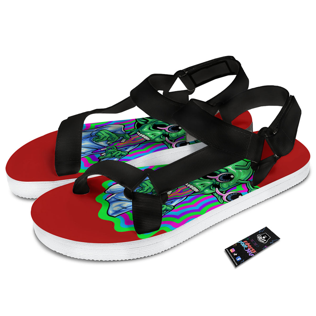 Trippy Alien Crazy Print Black Open Toe Sandals-grizzshop