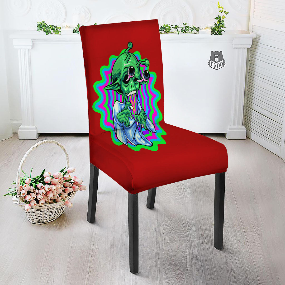 Trippy Alien Crazy Print Dining Chair Slipcover-grizzshop