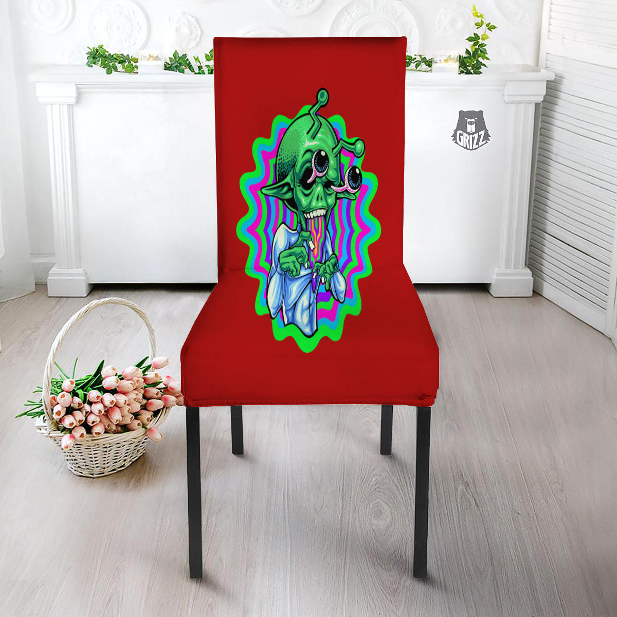Trippy Alien Crazy Print Dining Chair Slipcover-grizzshop