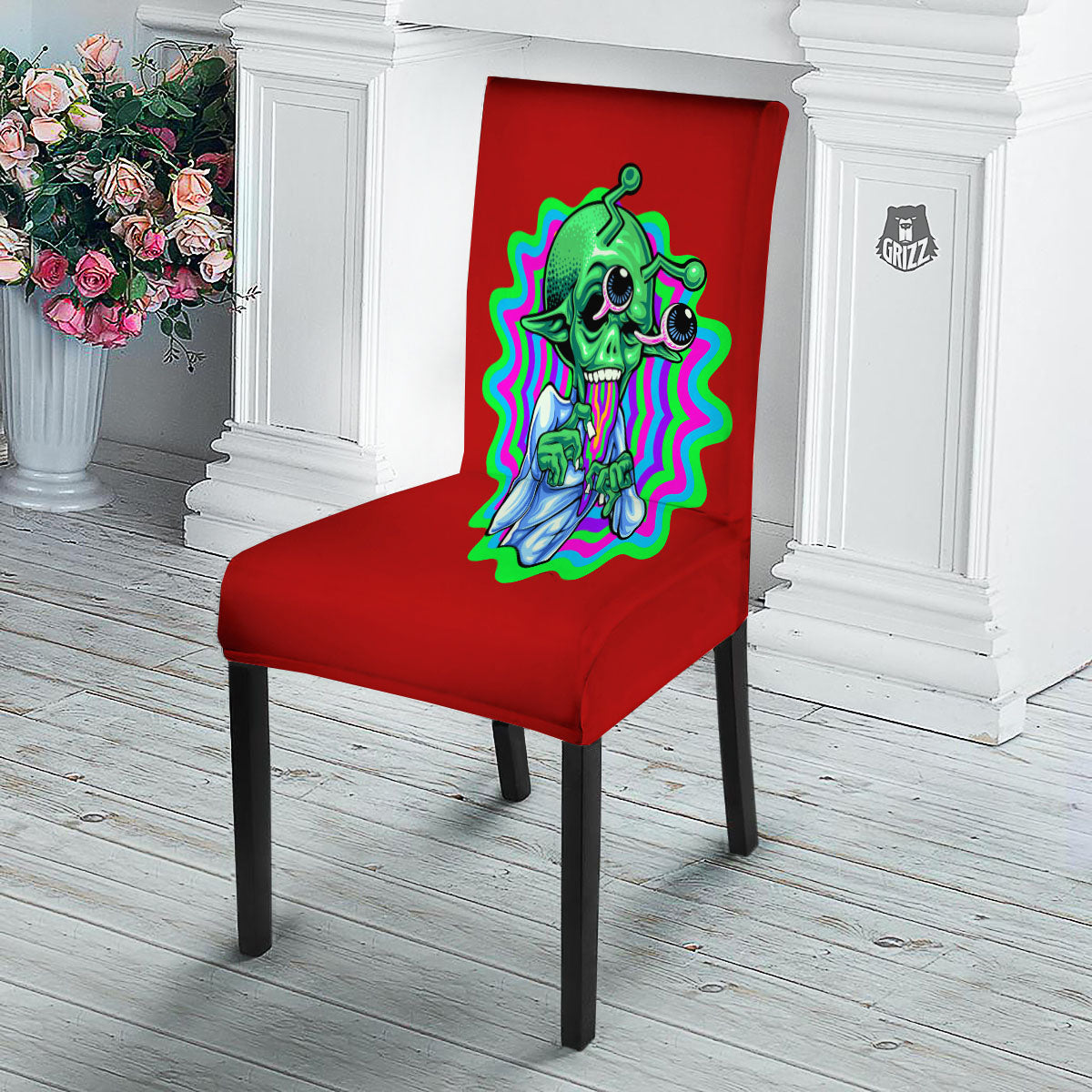 Trippy Alien Crazy Print Dining Chair Slipcover-grizzshop