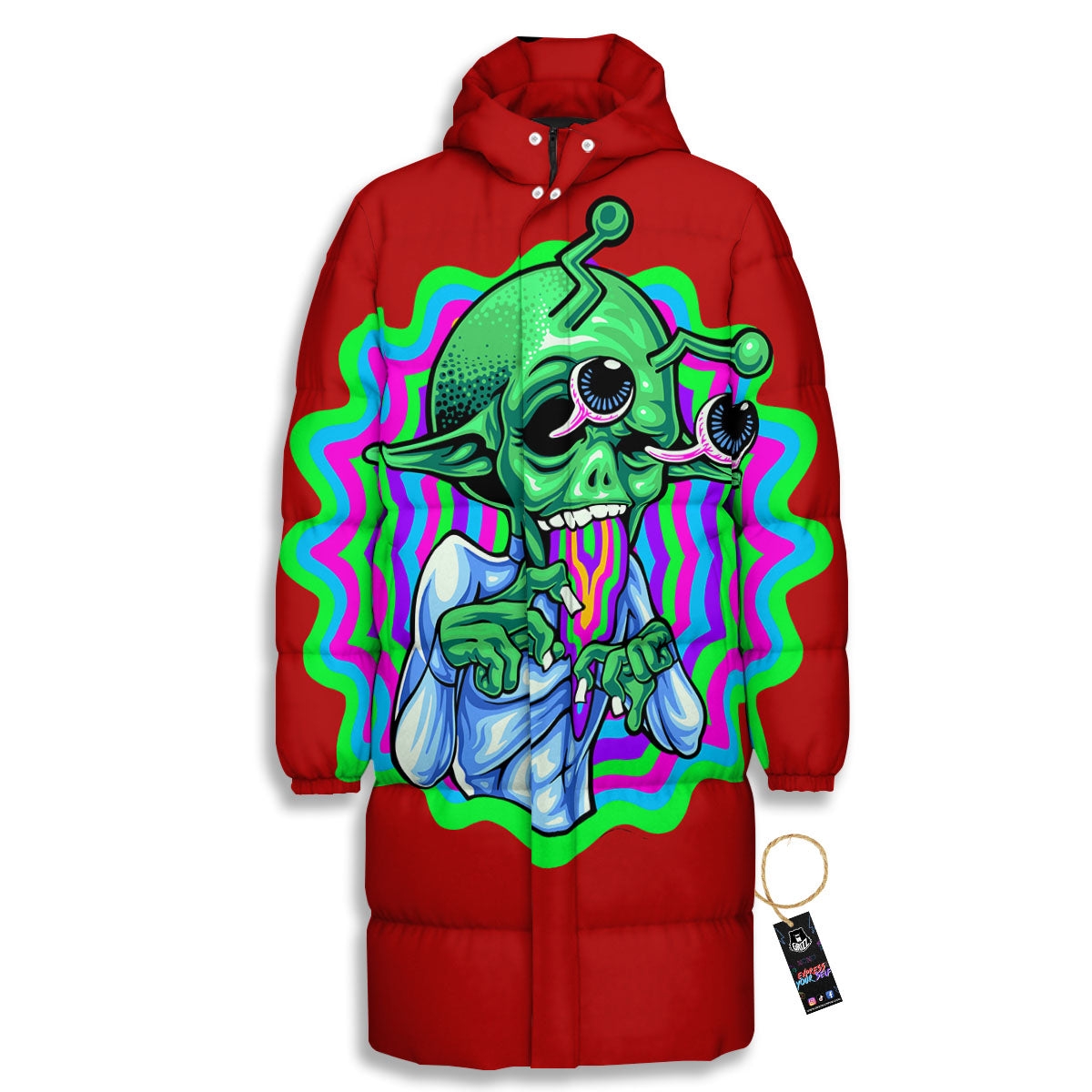 Trippy Alien Crazy Print Long Down Jacket-grizzshop